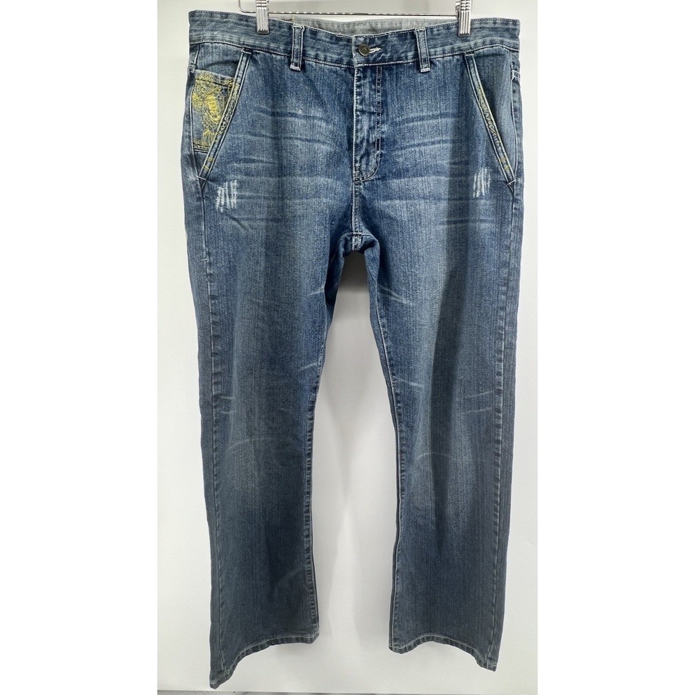 Y2K Artful Dodger Jeans Embroidered Baggy 40/33 Mens Cutter Lads Dark Wash